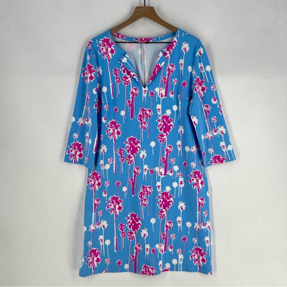 Persifor Palm Tree Print Blue Pink Stretch Split Neck Shift Dress Size XL